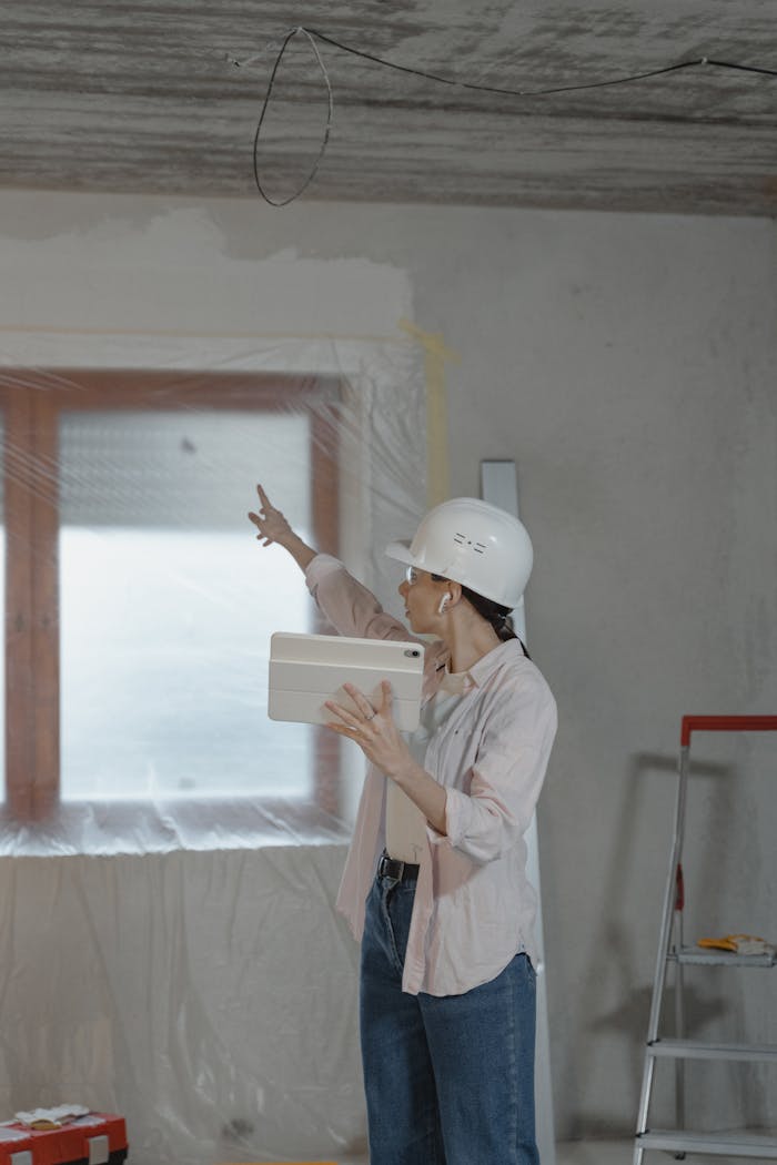 about-03 Woman in hard hat using tablet to oversee home renovation in a partially completed room.